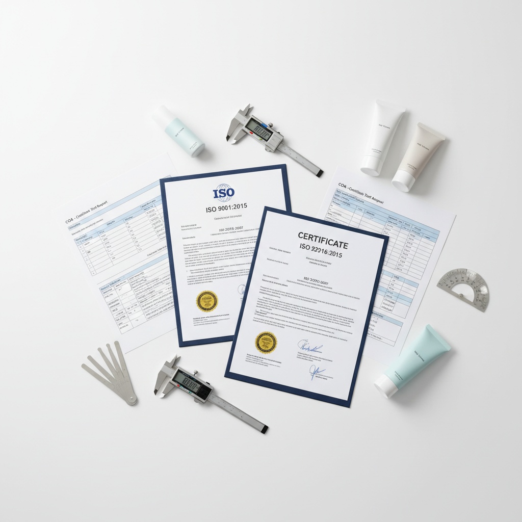 ISO certification documents and quality inspection tools for cosmetic packaging manufacturing