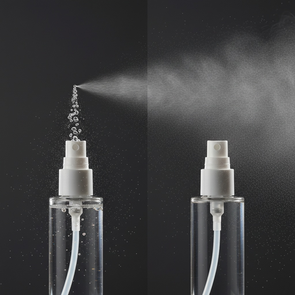 Side-by-side comparison of treatment pump and fine mist pump spray patterns showing droplet size differences