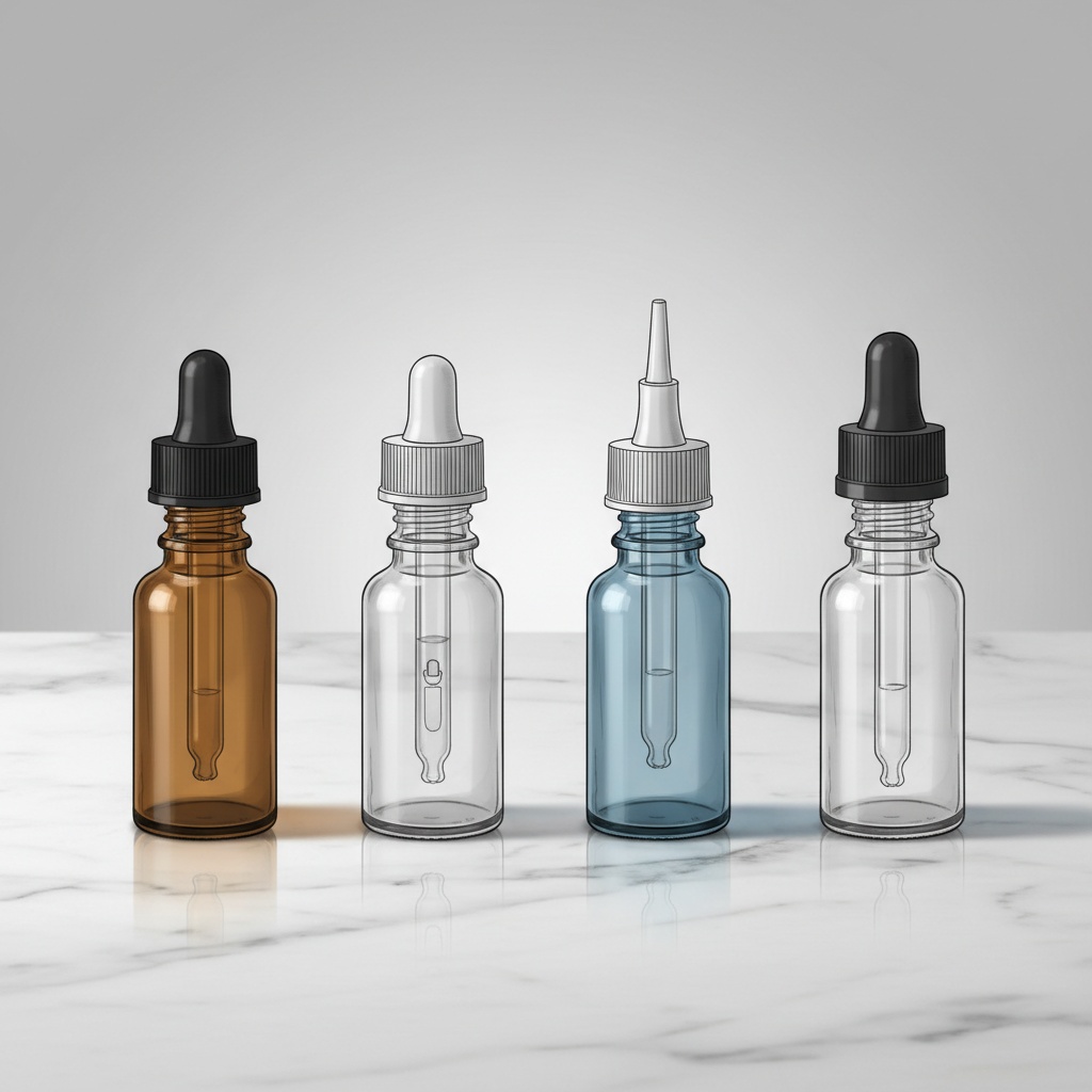 Four dropper assembly formats side by side: rubber bulb pipette, push-button Euro dropper, integrated screw-cap, and child-resistant cap
