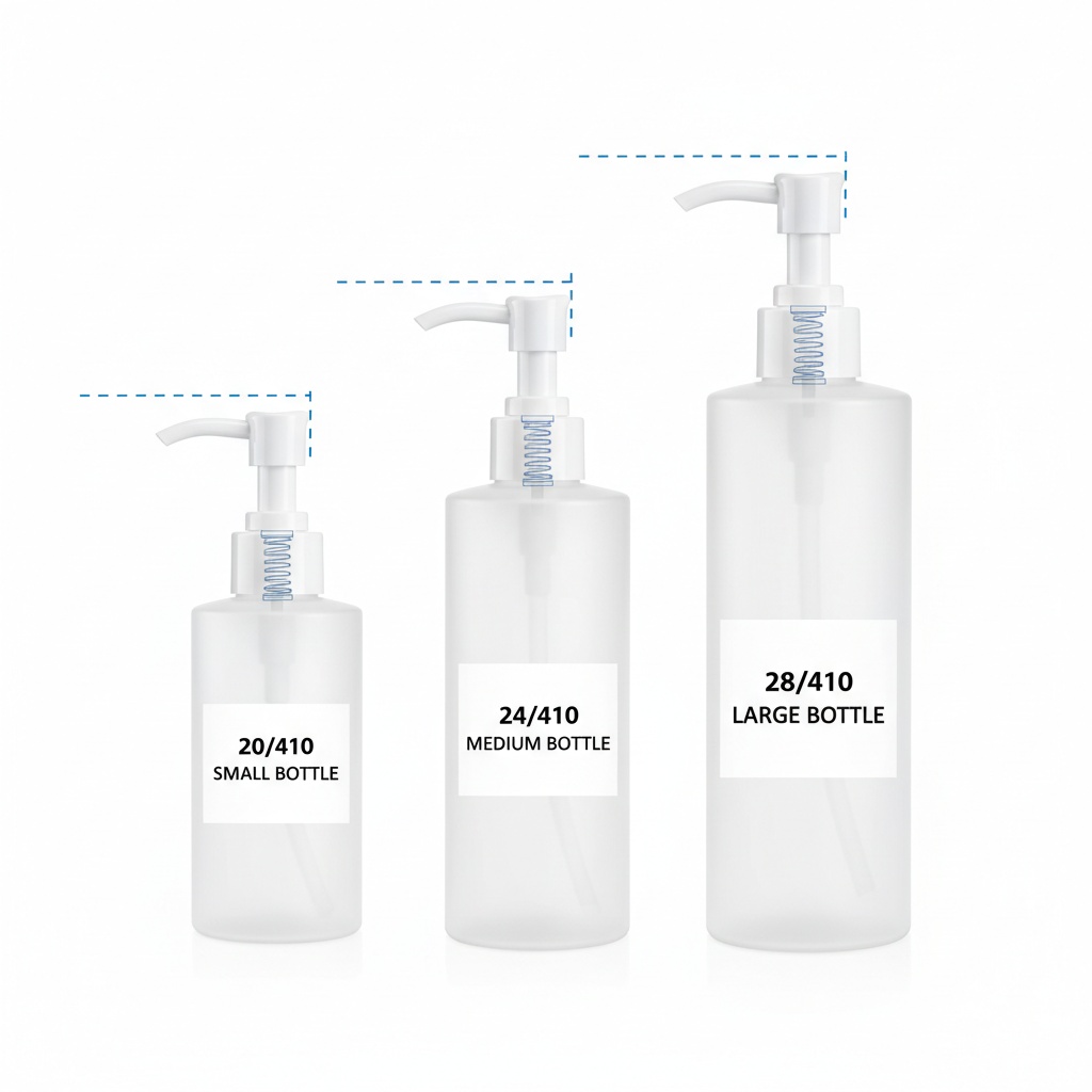 Three lotion pump bottles showing 20/410, 24/410, and 28/410 neck finish sizes with matching pump dispensers