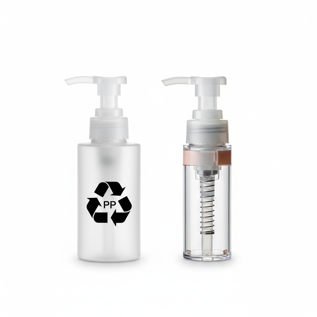 Comparison of mono-material all-PP recyclable lotion pump versus standard multi-material pump construction