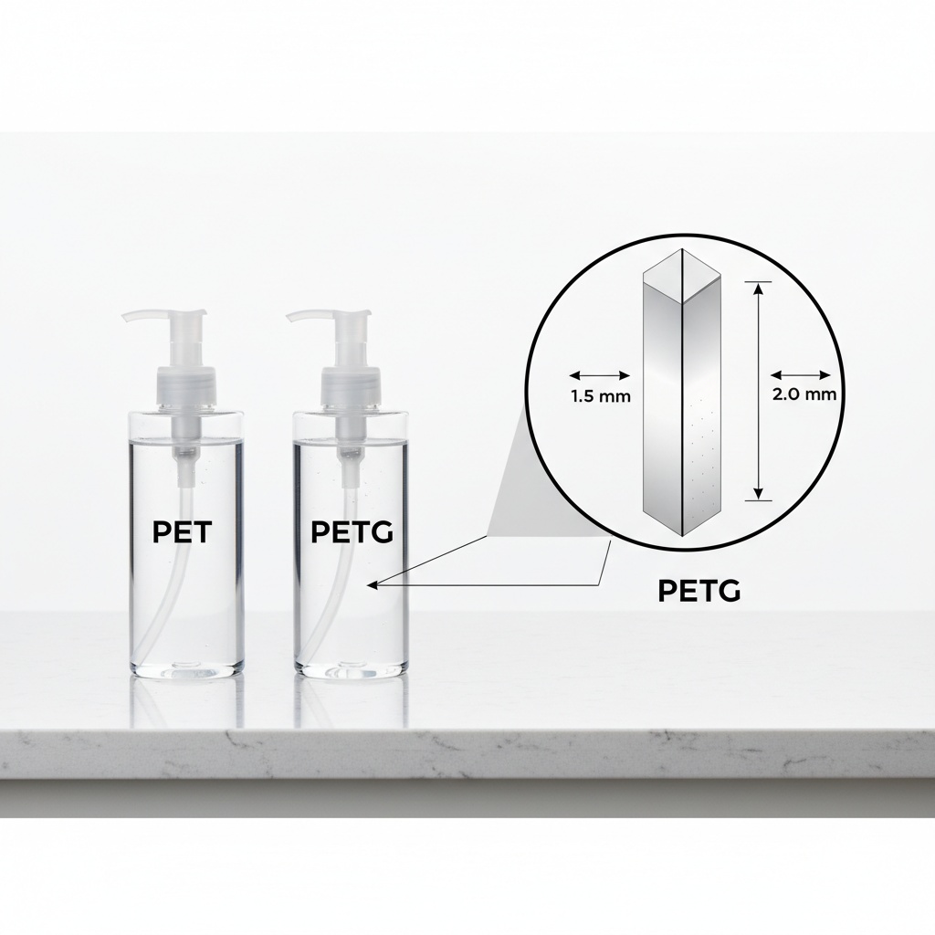 Side-by-side comparison of PET and PETG cosmetic bottle wall structure and clarity