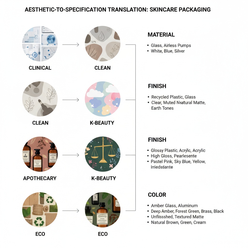 Aesthetic-to-specification translation diagram mapping five skincare brand styles to packaging material and finish specifications