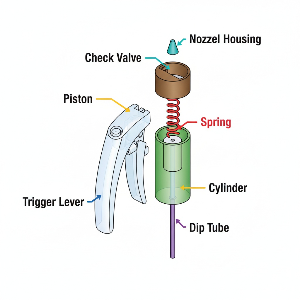 Cutaway diagram of trigger sprayer piston mechanism with labeled components including lever, cylinder, spring, and dip tube