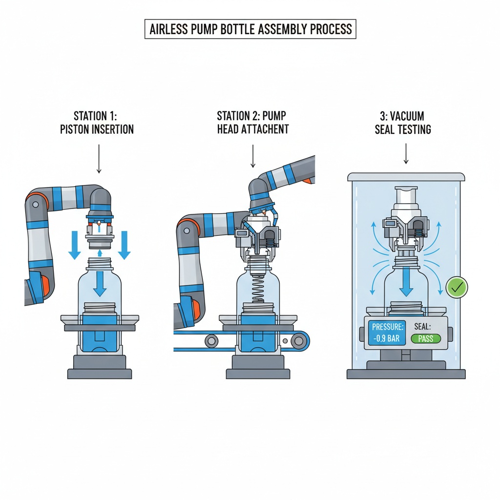 Step-by-step diagram of automated airless pump bottle assembly process