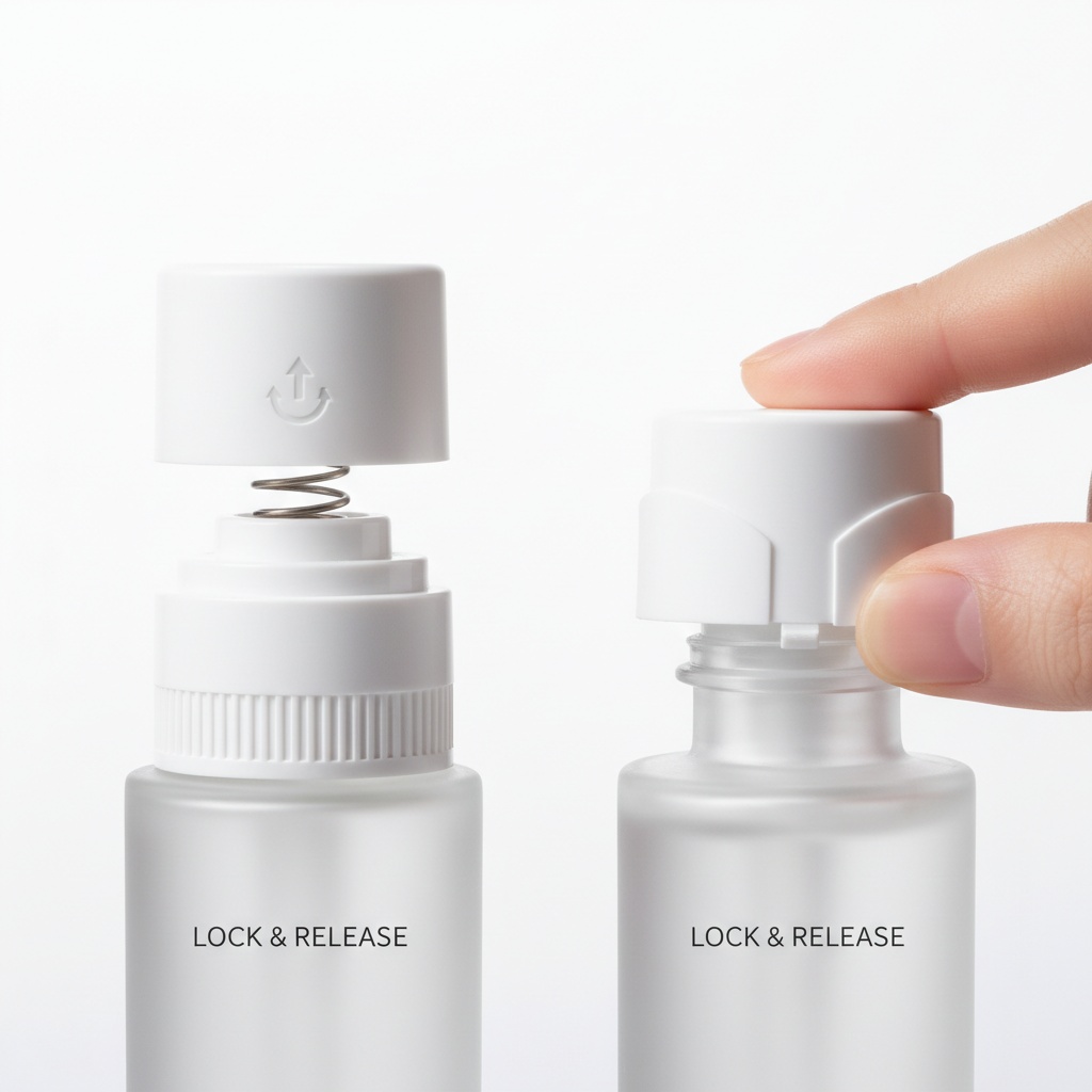 Push-and-turn and squeeze-and-turn child resistant closure mechanisms compared side by side