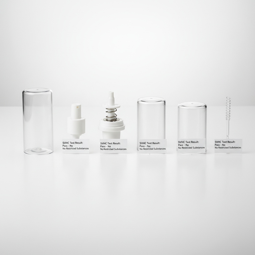 Disassembled airless pump bottle components for individual SVHC testing evaluation