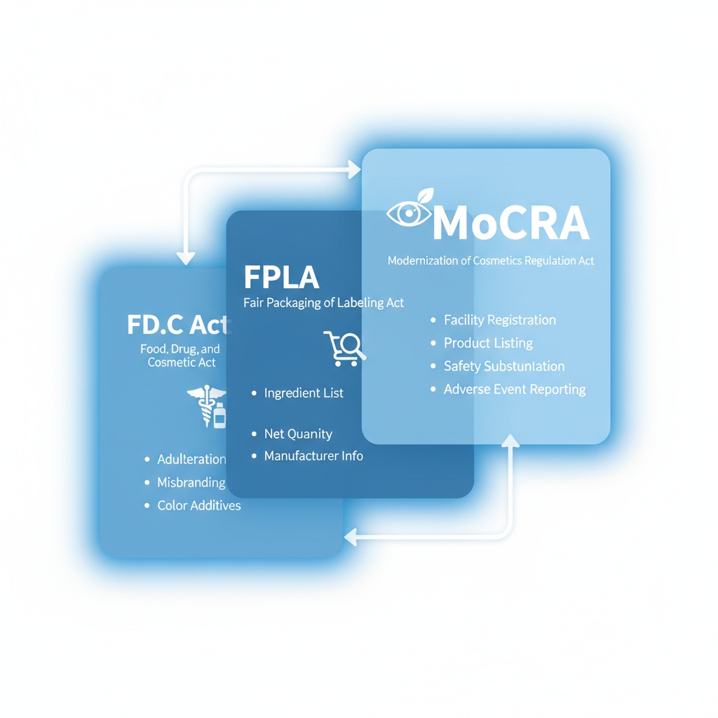 Visual representation of the three regulatory layers governing FDA cosmetic packaging compliance