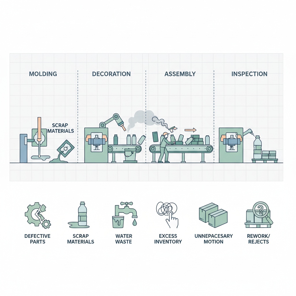 Diagram of eight lean manufacturing wastes applied to cosmetic packaging production stages