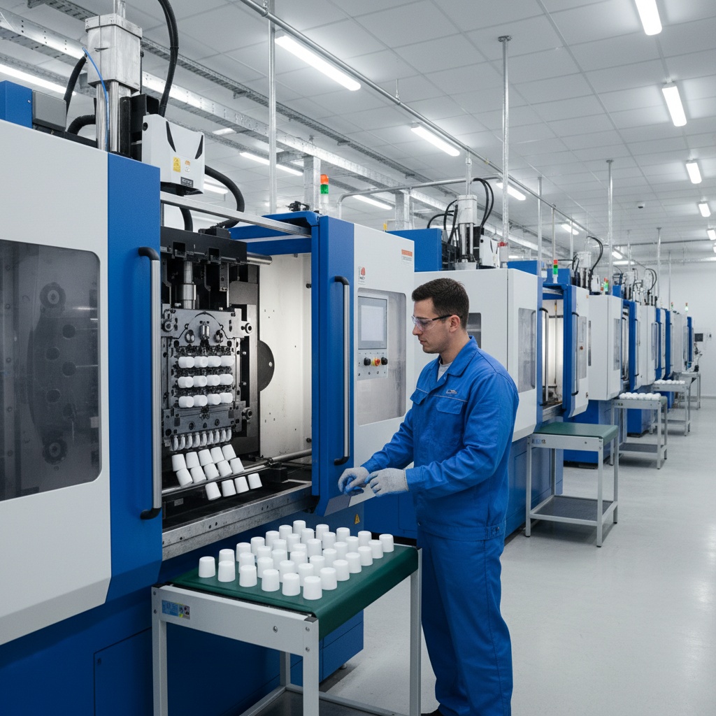 Factory floor with injection molding machines producing cosmetic packaging components