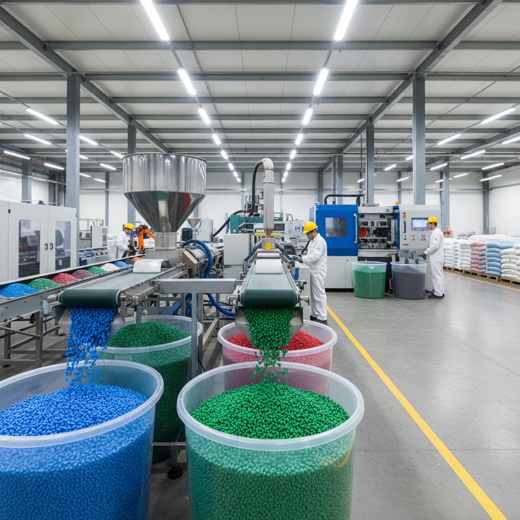 Recycling facility converting sorted ocean-bound plastic flakes into packaging-grade resin pellets