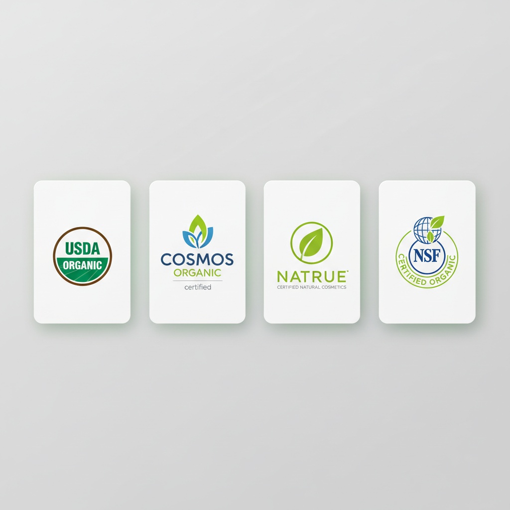 Four major organic certification standards for cosmetic packaging displayed side by side