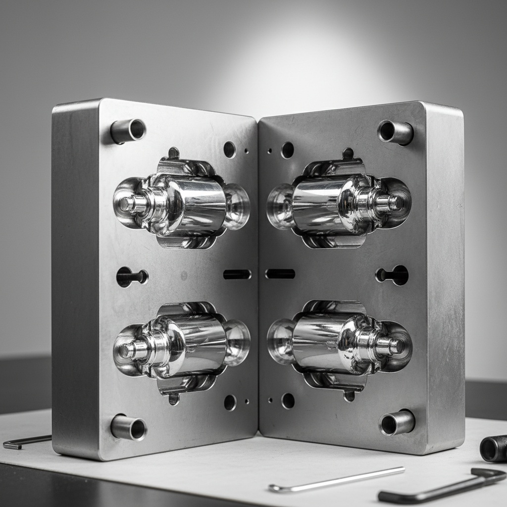 Multi-cavity injection mold showing four identical cosmetic bottle cavities in polished steel