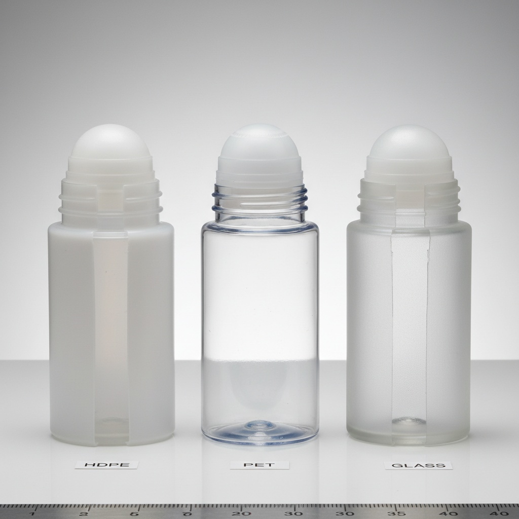 Comparison of HDPE, PET, and glass roll-on deodorant bottles showing material differences and transparency levels