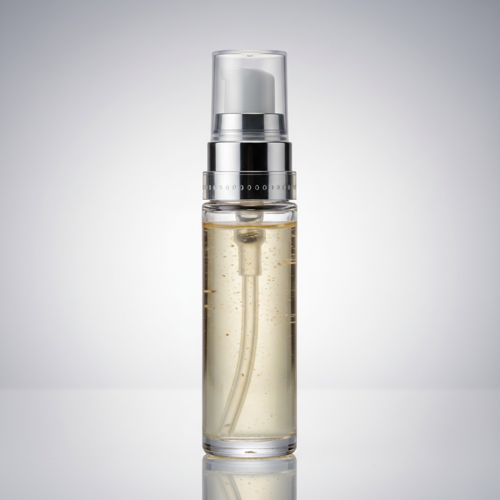 Close-up of a cosmetic serum bottle with shrink band tamper evident seal showing perforation detail